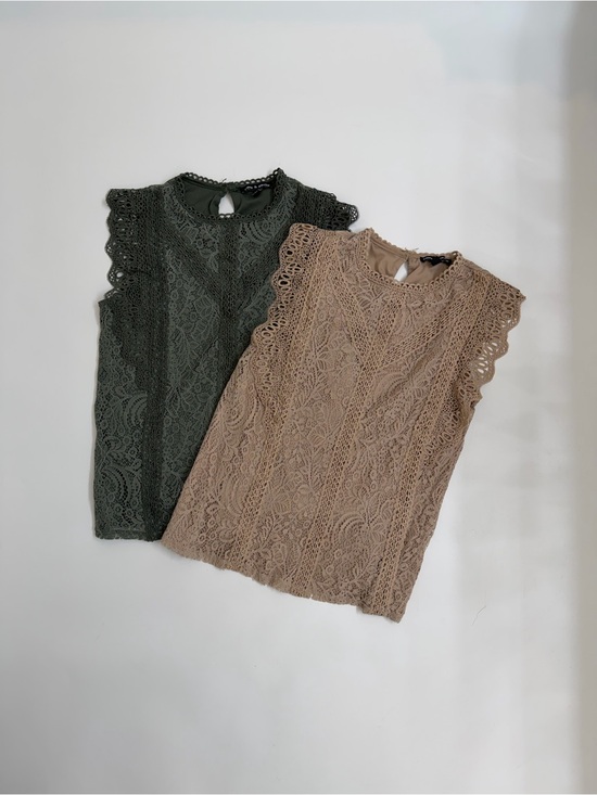 Cable & Gauge Tops - Cable & Gauge Lace Blouse Set Sage Green & Beige Romantic Cottagecore Size L